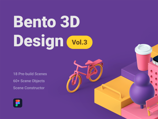 Bento 3D Design Vol.3 18款时尚手机电脑电商营销海报3D立体插图插画Figma模板设计素材