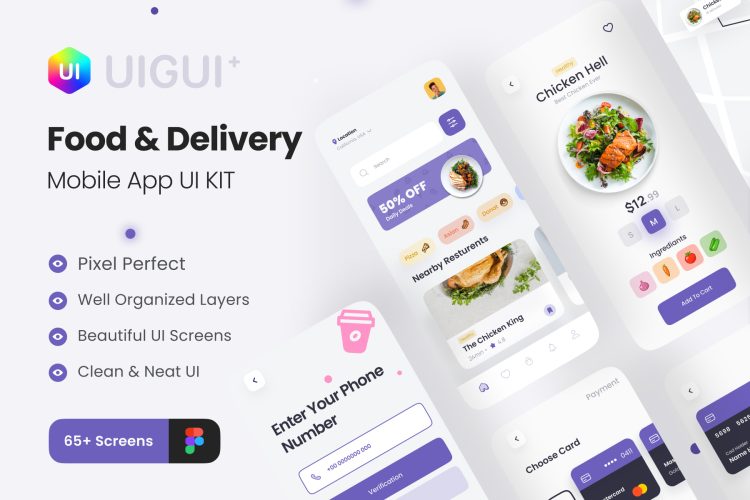 Eatly – Food Delivery App UI Kit 65屏国外优质在线订餐外卖送餐app界面设计紫色ui套件设计素材