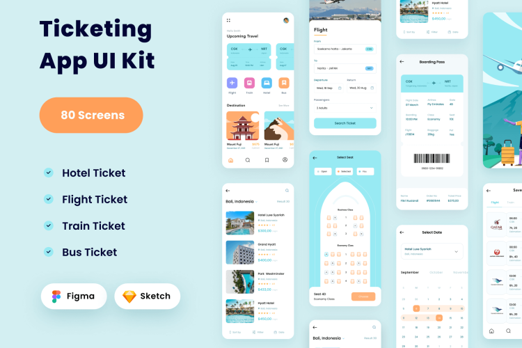 Booking Ticketing Flight Hotel Train Bus App UI Kit 预订机票酒店火车巴士Figma Sketch iOS应用程序旅游UI套件含浅色和深色主题