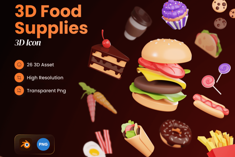 Food Supplies 3D Icons 26款汉堡薯条热狗快餐3D卡通立体icon图标png免抠图片设计素材