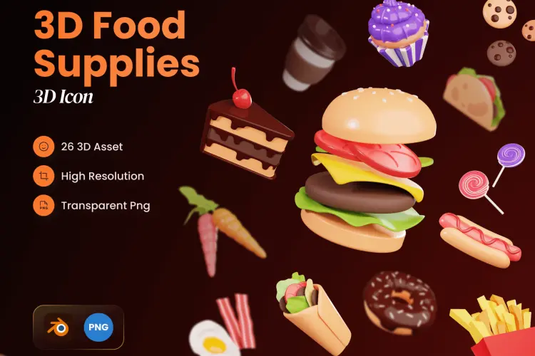 Food Supplies 3D Icons 26款汉堡薯条热狗快餐3D卡通立体icon图标webp免抠图片设计素材