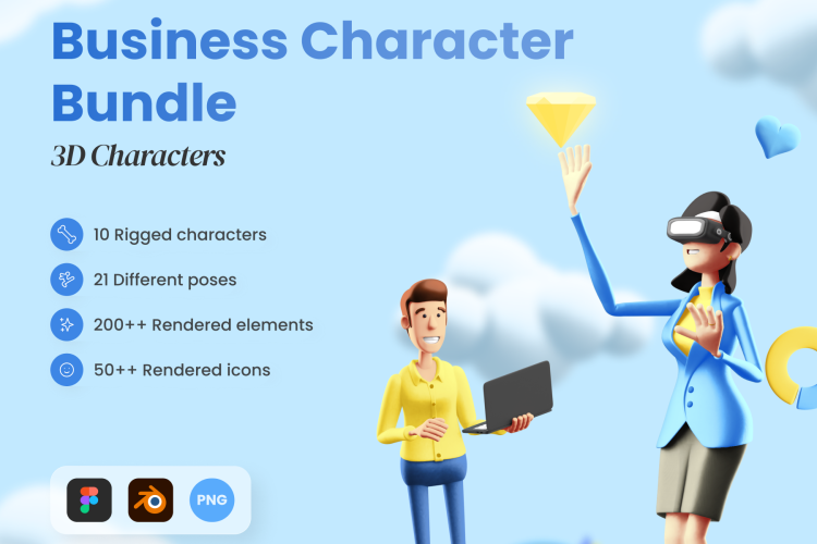 3D Business Character Bundle 10款3D商务角色png免抠图人物动作演示插画插图设计素材