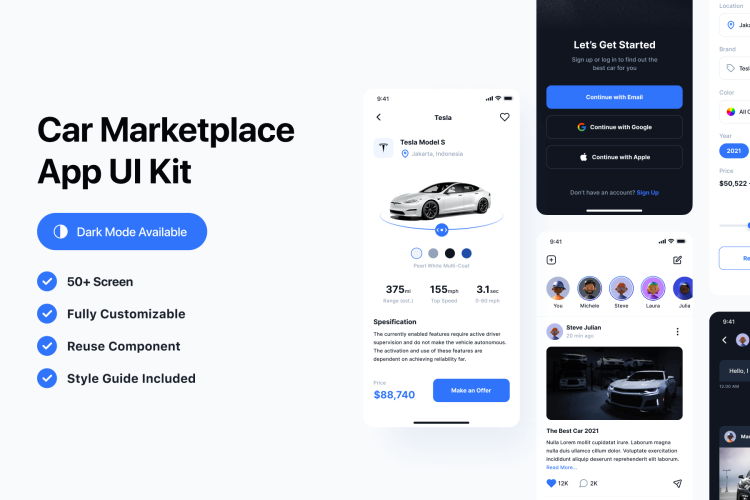 Car Marketplace App UI Kit 50多屏汽车市场应用程序App界面ui设计套件模版设计素材源文件