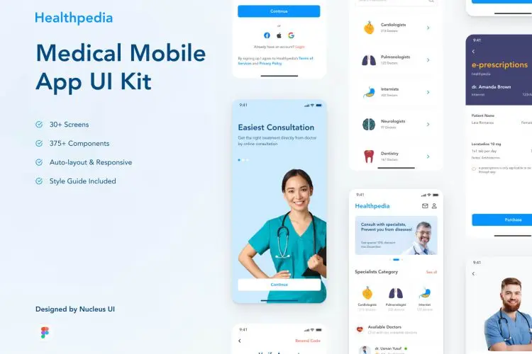 Healthpedia – Medical mobile app design UI Kit 30屏在线医疗移动应用程序