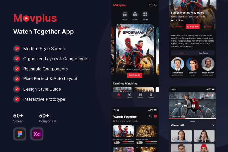 Movplus – Movie App UI Kit 50+屏电影应用程序 UI 套件