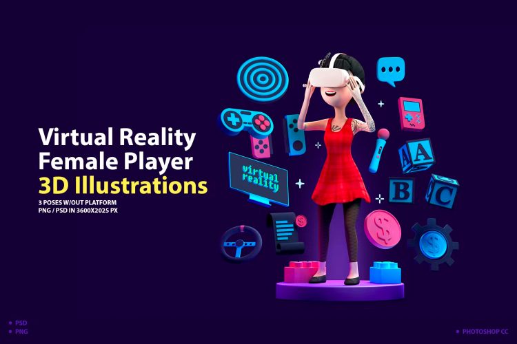 Virtualas Reality Female Player 3D illustrations 虚拟现实女玩家 3D 插图