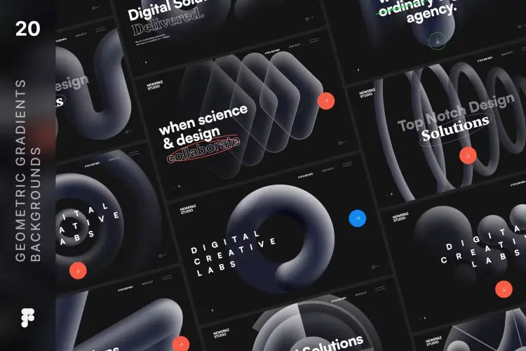 Figma Geometric Gradients 20个创意抽象艺术黑色渐变科技几何图形国外设计素材