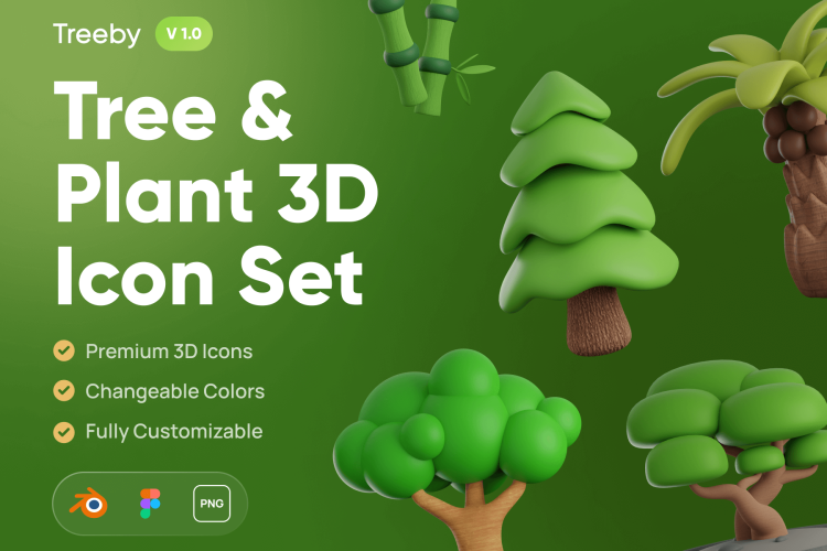 Treeby – Tree & Plant 3D Icon Set 10款卡通立体3D树木植物绿植盆栽插图插画png免抠图片设计素材