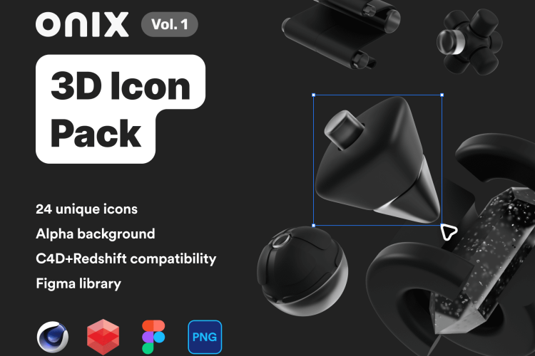 Onix vol. 1 – 3D Icon Pack 24款黑色科幻未来元宇宙3D立体抽象几何icon图标png免抠图片素材