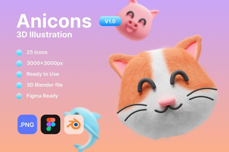 Anicons 3D Icons pack 25款可爱小动物3D图标Blende和Figma插图插画