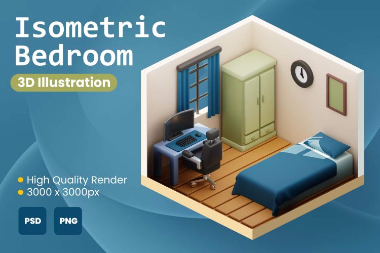 Isometric Bedroom 3D illustration 3D 等距简约卧室插图