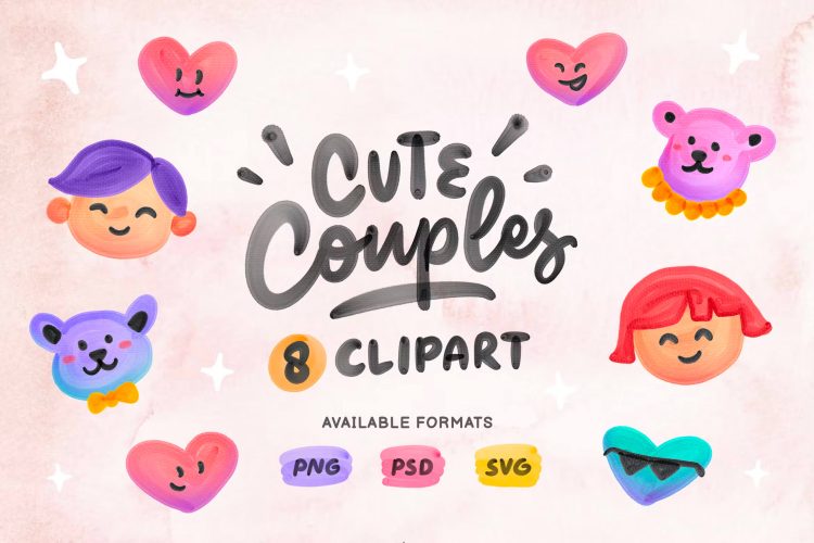 Cute Couples 100款水彩渐变可爱有趣插图