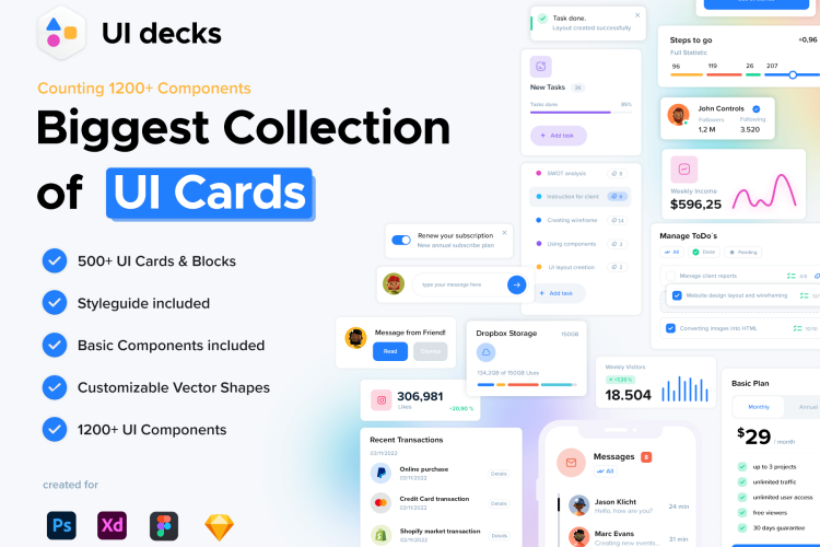 UI Decks – Cards & Blocks 主流app网站ui基础模块组件面板图表卡片列表样式设计素材源文件