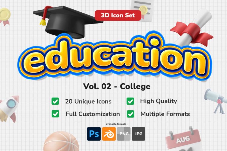 3D Icon Set – Education College Theme 20款卡通学院主题3D立体化学篮球奖章学位帽插图插画icon图标素材