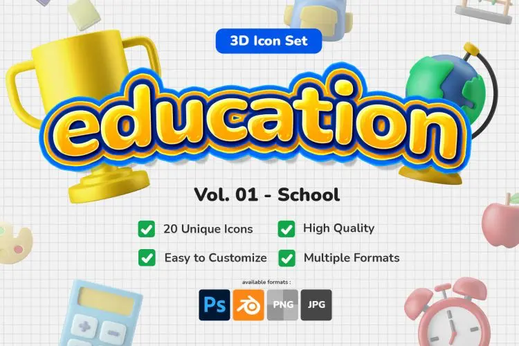 3D Icon Set – Education School Theme 20款趣味卡通开学季3D立体学校教育课程学习插图插画icon图标素材