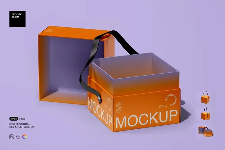 Paper Box Mockup Set 正方形天地盖手提礼品包装纸盒文创礼盒设计ps样机素材展示效果