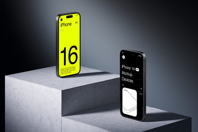 A-Mockups iPhone 14 Pro  mockups 16款质感苹果Iphone 14 Pro 手机UI工业极简风屏幕界面设计展示PSD样机