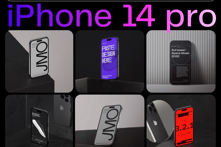 iPhone 14 pro mockups (14 scenes) 14款工业风暗黑极简iPhone14 pro苹果手机App界面UI设计作品贴图