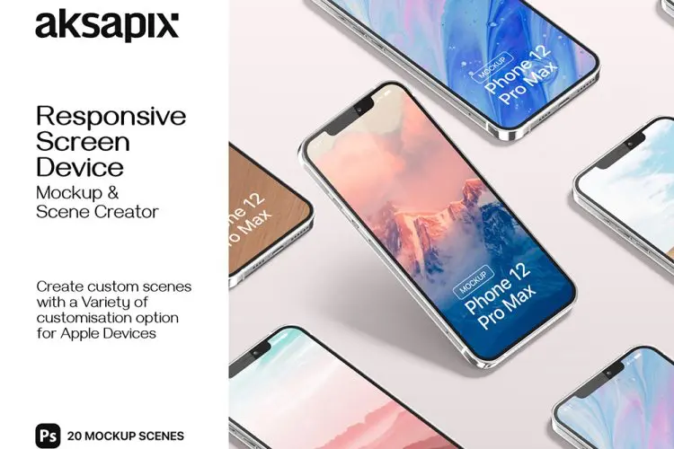 iPhone 12 Pro Max Mockup V.02 20款iPhone 12手机ui界面app设计贴图ps样机素材场景展示效果模板