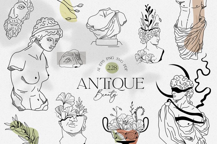 Antique greek beauty – designs kit 古希腊神话英雄人物雕像装饰手绘线描绘画时尚插图插画ai设计素材