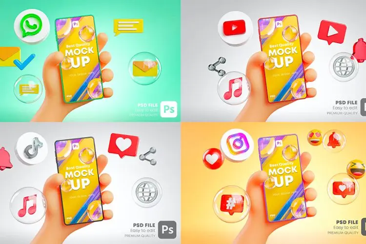Cute Hand Holding Phone Mockup Social Media Pack 可爱趣味卡通手拿手机屏幕UI设计社交媒体APP展示样机