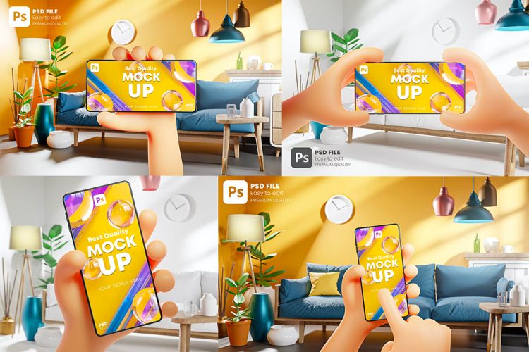 Cute Hand Holding Phone on Living Room Bundle 3D 可爱3D卡通趣味手持手机客厅场景UI展示样机组合