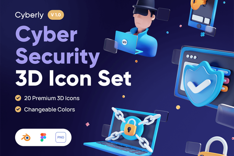 Cyberly – Cyber Security 3D Icon Set 20款3D立体卡通未来科幻网络安全人工智能icon图标png免抠插图