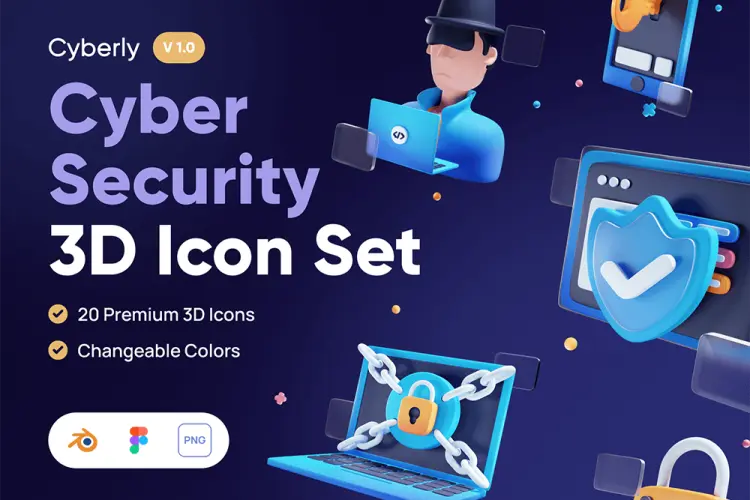 Cyberly – Cyber Security 3D Icon Set 20款3D立体卡通未来科幻网络安全人工智能icon图标webp免抠插图