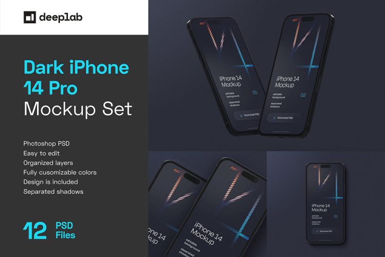 Dark iPhone 14 Pro Mockup Set 12款黑暗高质量Iphone 14 Pro 苹果手机UI设计展示PSD样机组合