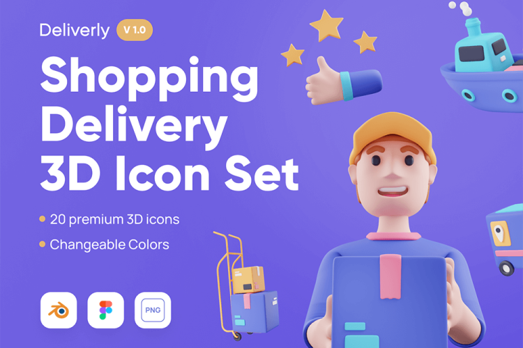 Deliverly – Online Shopping Delivery 3D Icon Set 20款3D卡通立体人物电商物流快递货运插图插画png免抠图片素材