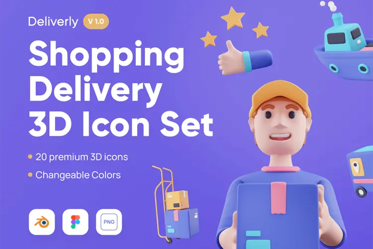 Deliverly – Online Shopping Delivery 3D Icon Set 20款3D卡通立体人物电商物流快递货运插图插画webp免抠图片素材