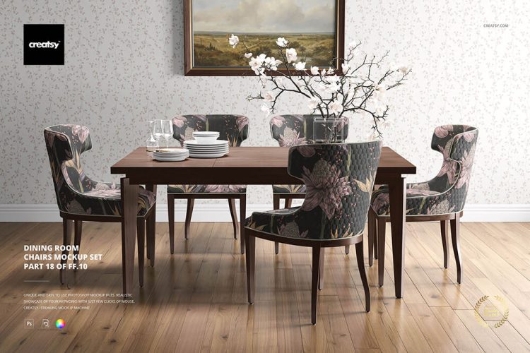 Dining Room Chair Mockup Set 现代简约餐厅餐桌椅子墙纸图案设计贴图ps样机素材场景展示模板