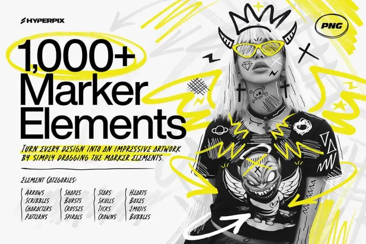 Hyper Marker – 1000+ Marker Elements 1000款街头潮流创意马克笔手绘涂鸦标记符号箭头webp免抠图片素材