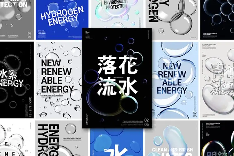 Liquid Poster 20款创意透明水珠水滴液体水泡气泡ps主视觉海报设计分层设计素材