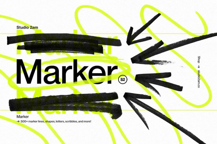 Marker – 500 Scribbles, Lines & More 500款马克笔手绘涂鸦手写乱涂字母箭头标记符号笔刷png免抠图片