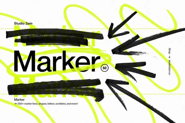 Marker – 500 Scribbles, Lines & More 500款马克笔手绘涂鸦手写乱涂字母箭头标记符号笔刷webp免抠图片