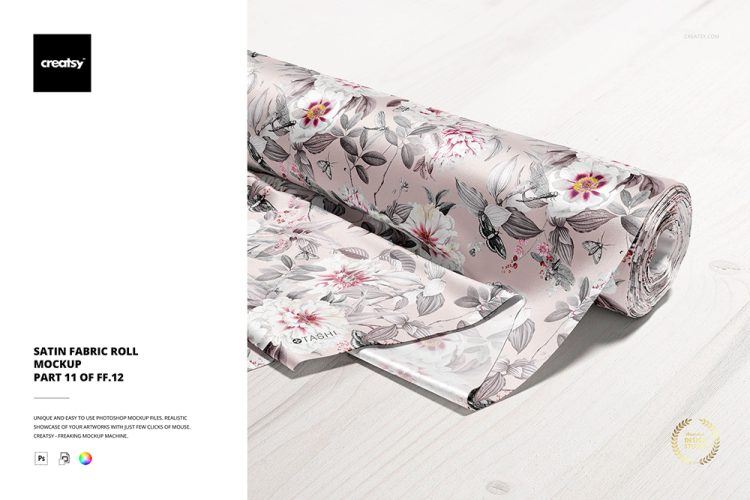 Satin Fabric Roll Mockup 真丝绸缎雪纺丝绸面料布料卷轴图案贴图ps样机素材展示效果模板