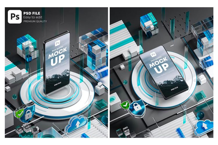 Smartphone Template Mockup High Tech Concept 3D 3D透明高科技App应用UI界面设计作品贴图ps样机素材展示效果模板