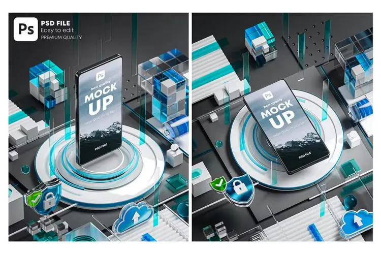 Smartphone Template Mockup High Tech Concept 3D 3D透明高科技App应用UI界面设计作品贴图ps样机素材展示效果模板