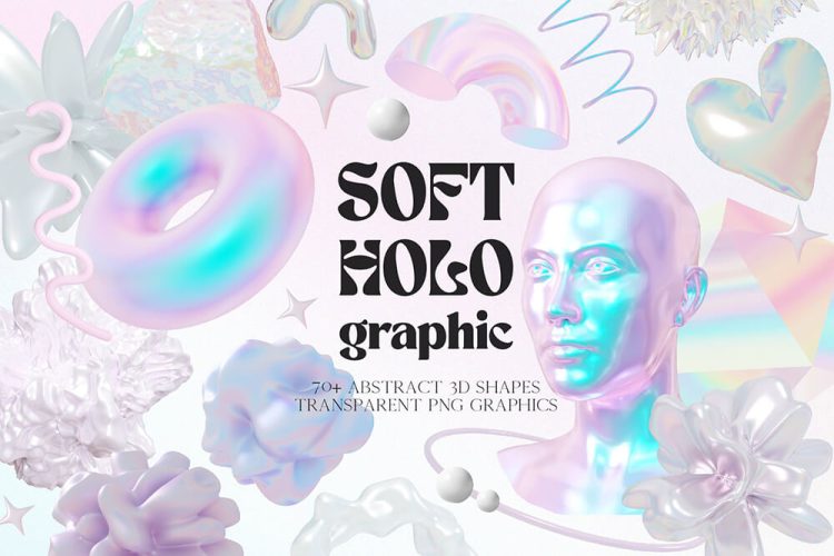 Soft Holo Iridescence 3D Shapes 柔和炫彩时尚全息彩虹渐变梦幻封面创意海报设计png免扣图形