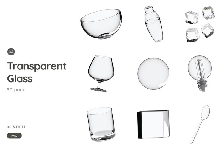 Transparent Glass Object 3D Illustration Pack 30款3D透明水晶玻璃餐具厨具杯子瓶子插图插画图片png免扣图设计素材