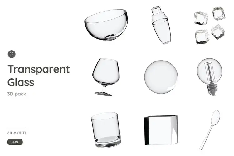 Transparent Glass Object 3D Illustration Pack 30款3D透明水晶玻璃餐具厨具杯子瓶子插图插画图片webp免扣图设计素材