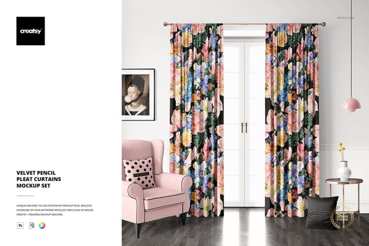 Velvet Pencil Pleat Curtains Mockup 客厅墙纸天鹅绒窗帘印花图案布置设计贴图ps样机素材场景展示模板