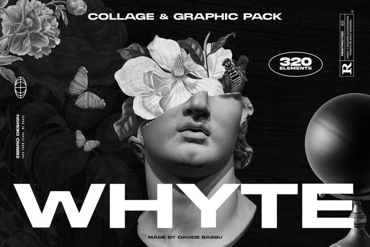 WHYTE Collage and Graphics 270款潮流复古黑白石膏像植物动物摆件拼贴png免抠图片设计素材