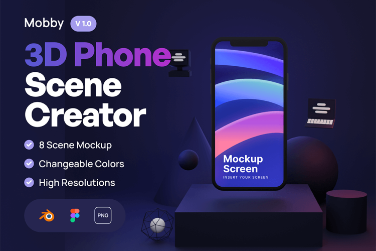 Mobby – 3D Phone Scene Creator 8款现代时尚几何形 3D 电话金融音乐科技教育UI设计场景模型