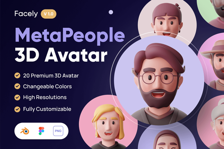 Facely – MetaPeople 3D Avatar 20款创意趣味3D立体卡通人物头像插图插画png免抠图片设计素材