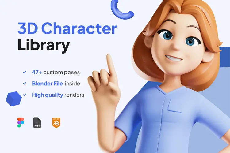 3D Character Nurse Figma/Blender UI KIT 47款3D立体卡通女医生护士人物角色插图插画webp免抠图片设计素材