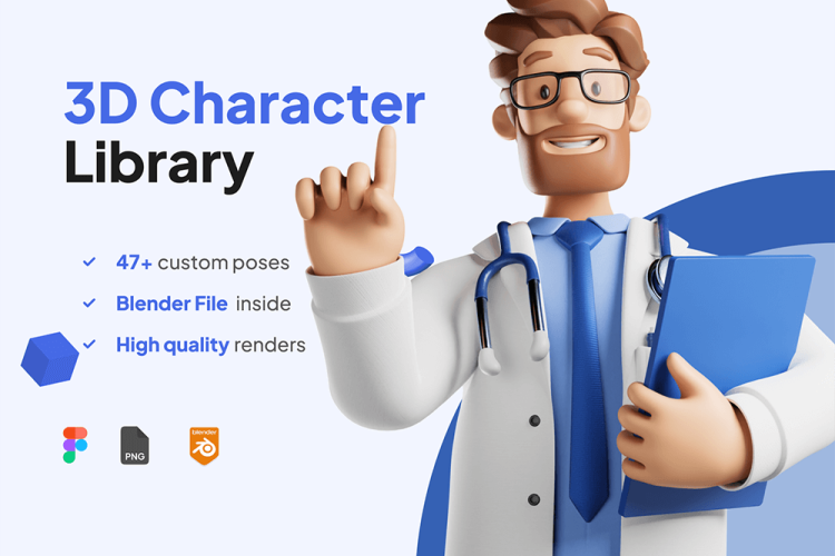 3D Character Doctor Installment Figma/Blender UI KIT 46款3D立体卡通男医生大夫人物角色插图插画png免抠图片设计素材