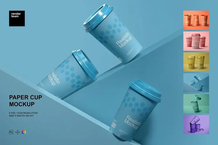 Paper Cup Mockup Set 6款一次性咖啡杯纸杯热饮杯包装设计作品贴图ps样机素材展示模板