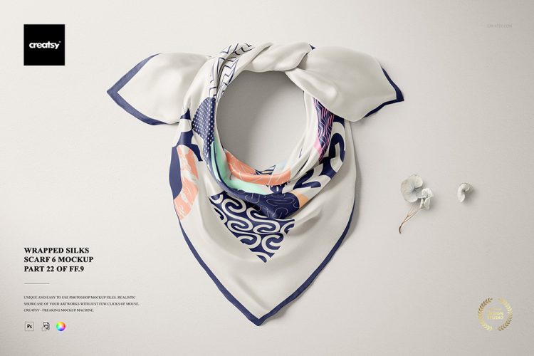 Wrapped Silk Scarf Mockup (22/FFv.9)1款丝巾围巾真丝面料印花图案设计贴图ps样机素材展示效果模板